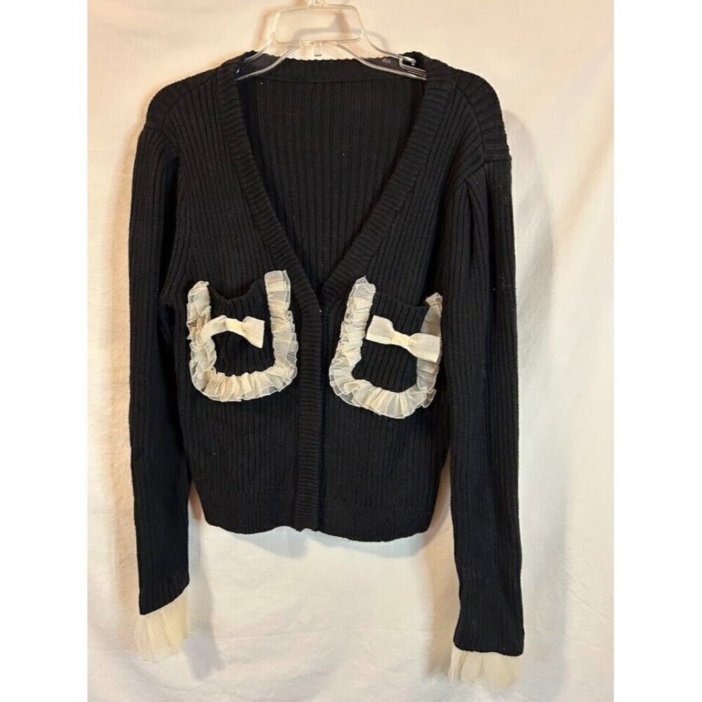 Womens Black Cardigan Sweater Cream Chiffon trim Pockets Bows I-east Large